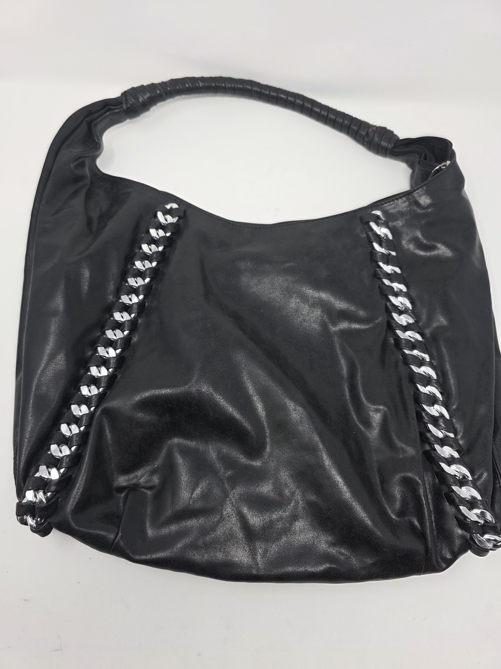 Metaphor Black Faux Leather Hobo Shoulder Bag Silver Chain Trim Y2K Moto Purse